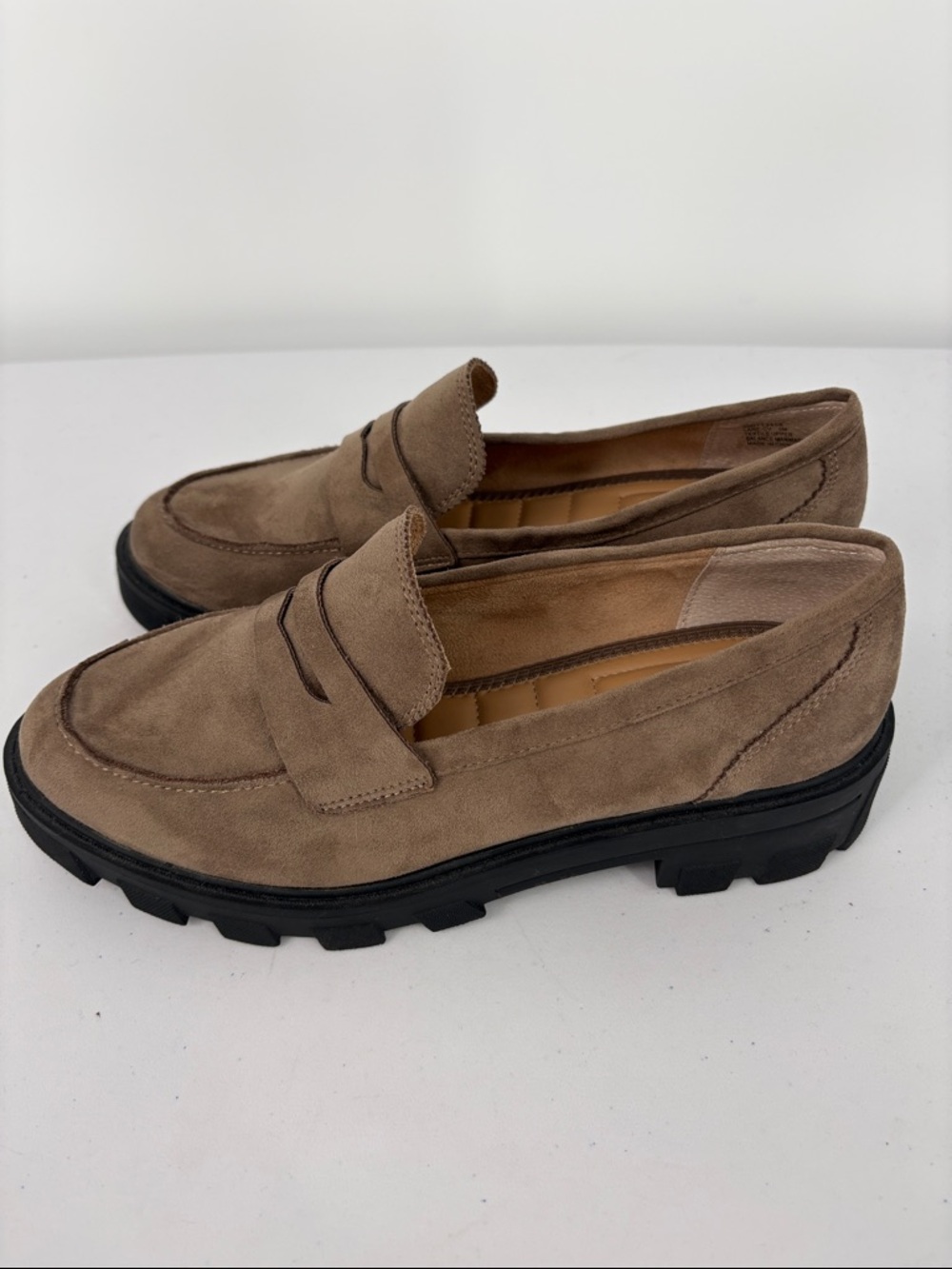 Crown Vintage Taupe Suede Lug Sole Penny Loafers